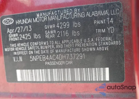 2013 Hyundai Sonata Gls z USA, uszkodzony, nr VIN 5NPEB4AC4DH737291